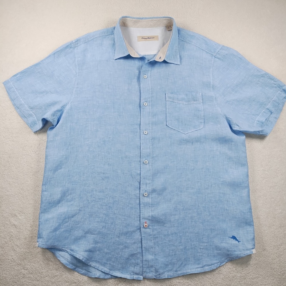 Tommy Bahama Shirt Men's XL Blue 100% Linen Short Sleeve Button Up Resort EUC